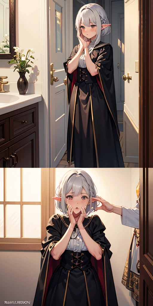 ((Putting both hands on their face)), ((Surprised)), (Looking at the front)), (blush), 1girl, Elf, Silver hair, Red eyes, Braided hair, Bob cut, Fantasy style costume, Wizard, Ruffles, Robe, Long skirt, Tights, Black cloak, Sink, Bathroom, Mirror, Concept art, Beautiful anime scene, Beautiful anime scenery, Best quality, ((Masterpiece))