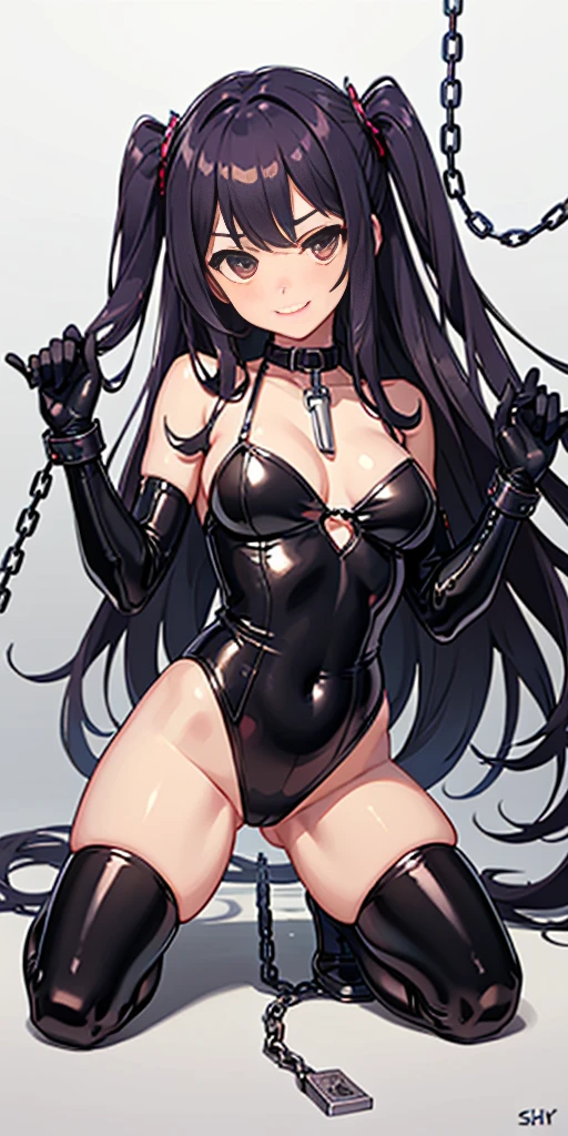 Latex girl lustful smirking smile red blush red cheeks, chain leash, kneeling, shackles, leather black collar slave, dwarf female Sherry, purple hair