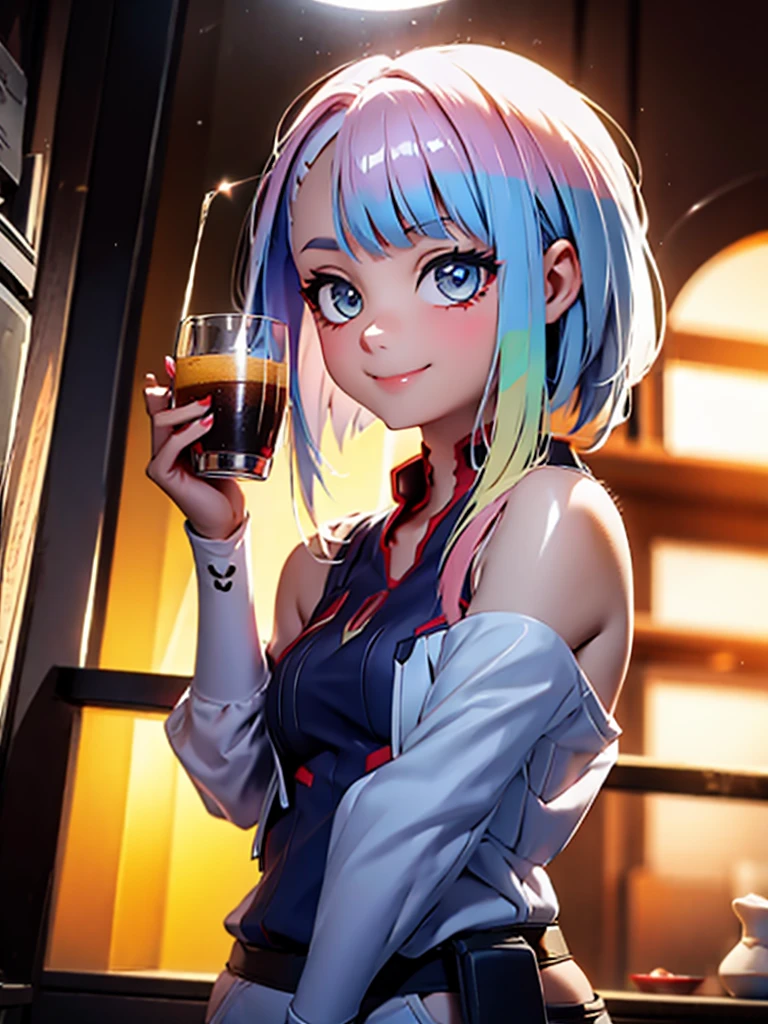 superb, amazing, Super high image quality, actual, girl, (beautiful face 1.4), (big deal, Tighten the waist), short hair, indoors, Bokeh, beautiful light, shiny skin, small head, Smile, dinner , holding cup