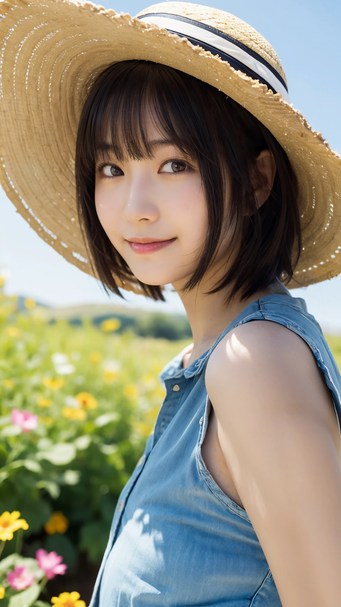 (highest quality,masterpiece:1.3,ultra high resolution),(Super detailed,caustics,8k),(photorealistic:1.4,RAW shooting),18-year-old,cute,Japanese,(put your hands on your head),straw hat,Black Hair Middle Hair,(strong wind),(hair blowing in the wind),(one piece),(smile),blue sky,sun,Natural light,(Steppe on the hill),(front shot),(shot from the waist up),(low position),(Low - Angle)