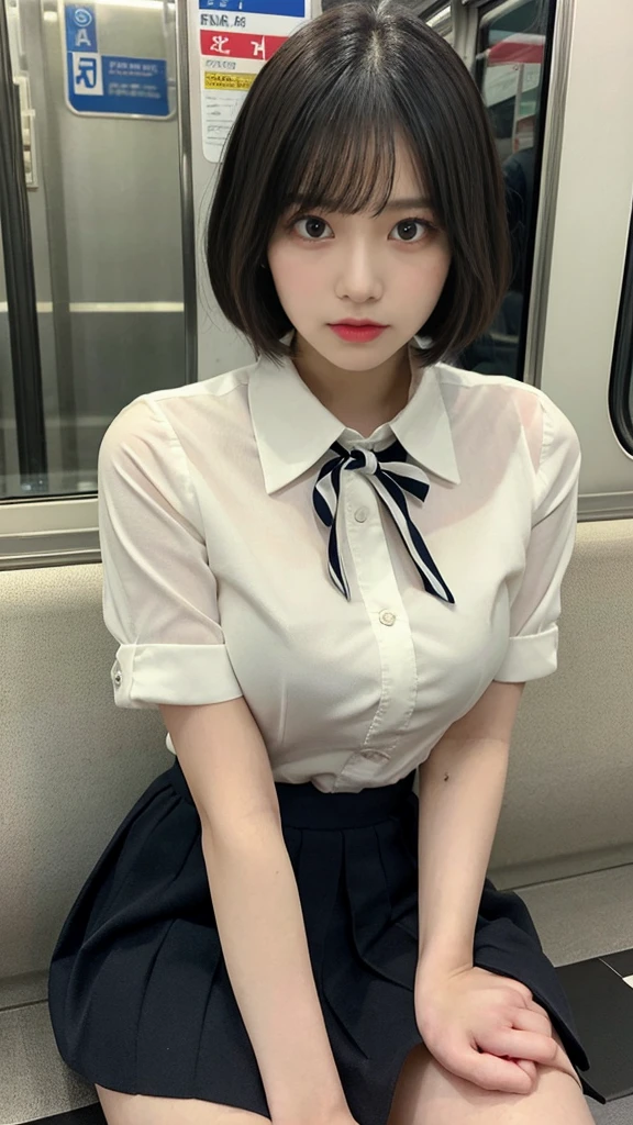 muste piece, best quality, illustration, Super detailed, fine details, High resolution, 8K,wall paper, perfect dynamic composition,(Details High quality, realistic depiction of eyes:1.3), (collared shirt:1.1), pleated skirt, big breasts, short bob hair、black hair color, Big Natural Color Lip, bold sexy pose, crying a little、cold gaze, Harajuku style、20 year old girl、cute type、lolita、beautiful legs, on the train, gravure idol