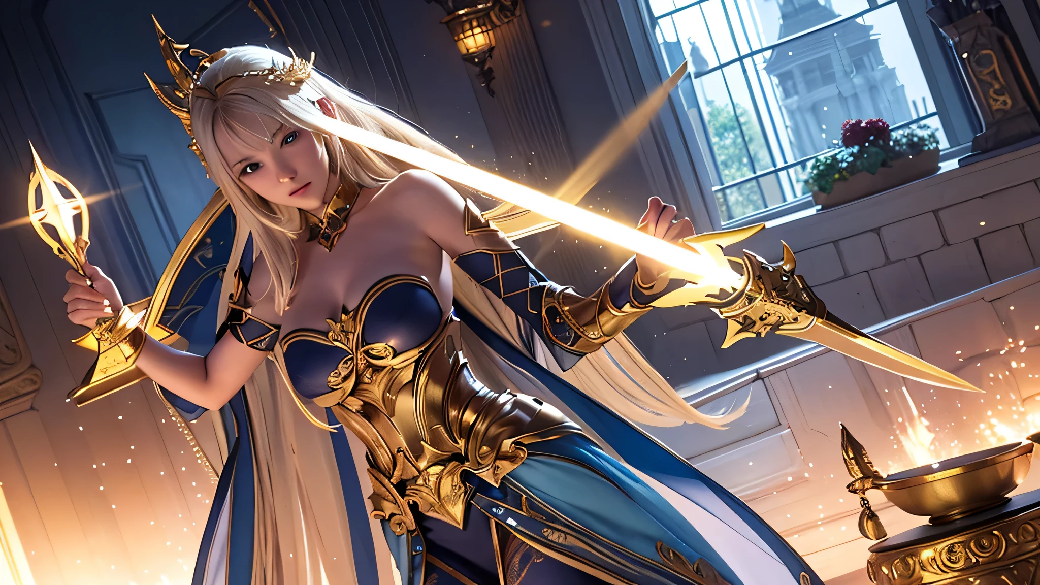 A majestic paladin in golden armor, Wield a sword imbued with a shining light, and has a huge golden shield. The paladin's blue eyes shine with determination as he moves through the dark and mysterious cityscape.。. The radiance of the Paladin's sword illuminates the surroundings., Uncover intricate details、Add a cinematic touch to your compositions. Overall aesthetic captures the beauty and depth of the scene, Reminiscent of Fujifilm photography.,perfect body,(Lie:1.3)