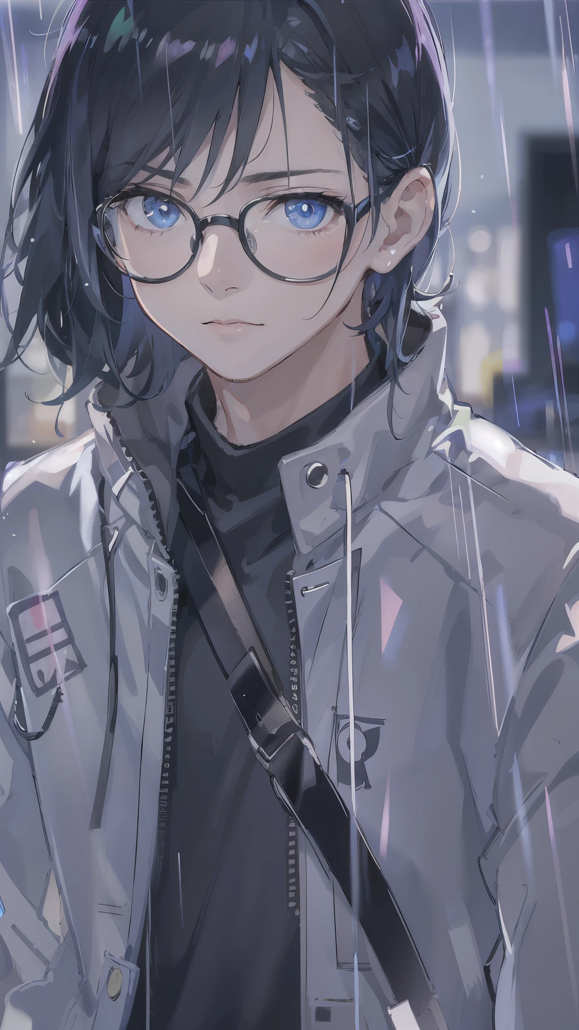 high quality，4k，Exquisite，a man（solo，short black hair，Wearing black-rimmed glasses，Blue eyes，cold expression，Japanese school uniform），background（rain，night，cyberpunk）