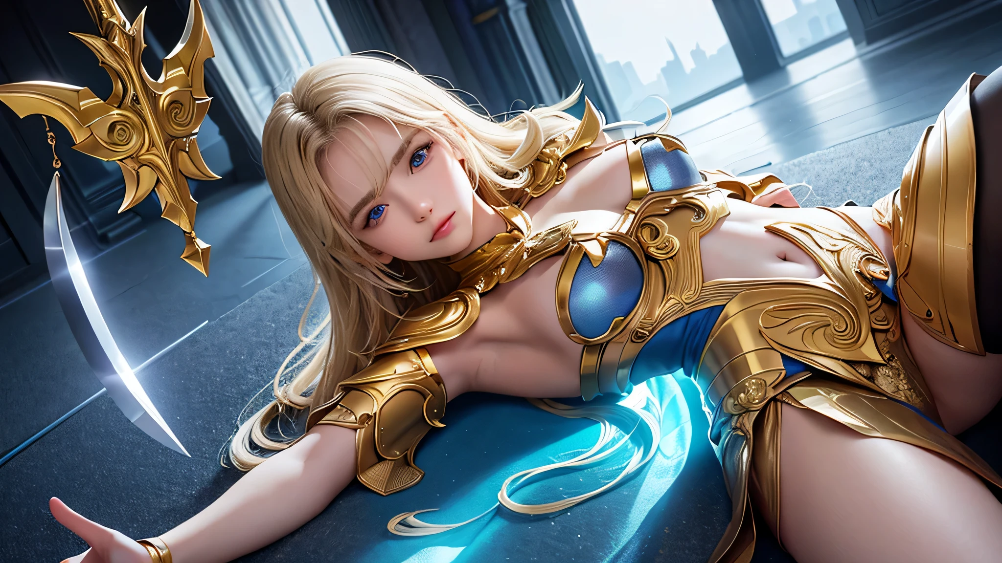 A majestic paladin in golden armor, Wield a sword imbued with a shining light, and has a huge golden shield. The paladin's blue eyes shine with determination as he moves through the dark and mysterious cityscape.。. The radiance of the Paladin's sword illuminates the surroundings., Uncover intricate details、Add a cinematic touch to your compositions. Overall aesthetic captures the beauty and depth of the scene, Reminiscent of Fujifilm photography.,perfect body,(Lie:1.3)