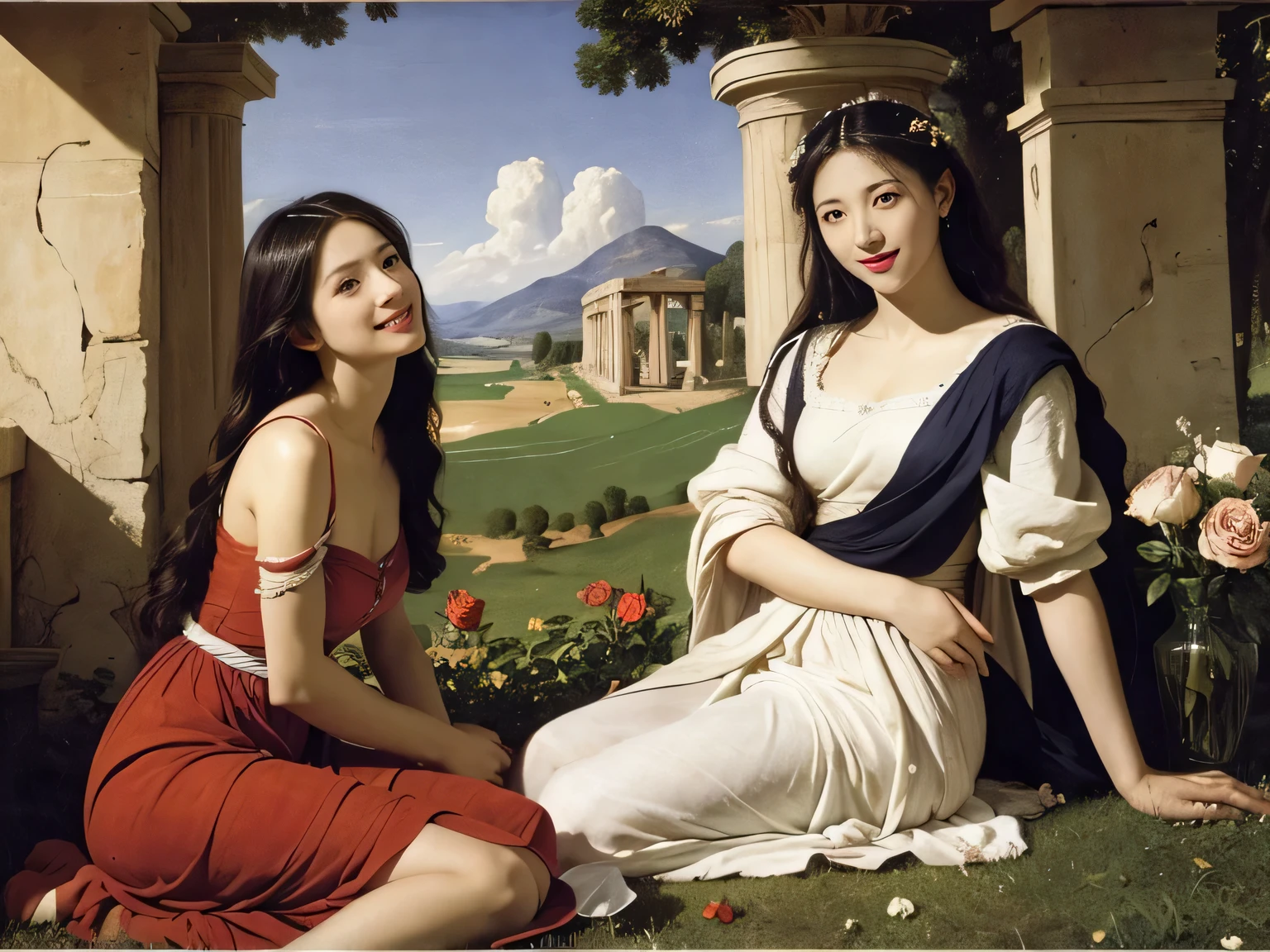 full body portrait or statue、Giorgione painting style,Arguments of two female Philosophe,math、astronomical machine、astronaut、roses in vase、fruits、Cute trinkets、smile、ancient greek costume、Ancient Roman landscape in the style of Nicolas Poussin,laughter,,Sweet and seductive appearance.、Caravaggio's paintings、Chiaroscuro of Caravaggio、hair tousled by the wind,Two women frolicking,cute smile, expression of ecstasy,Sexy,erotic
