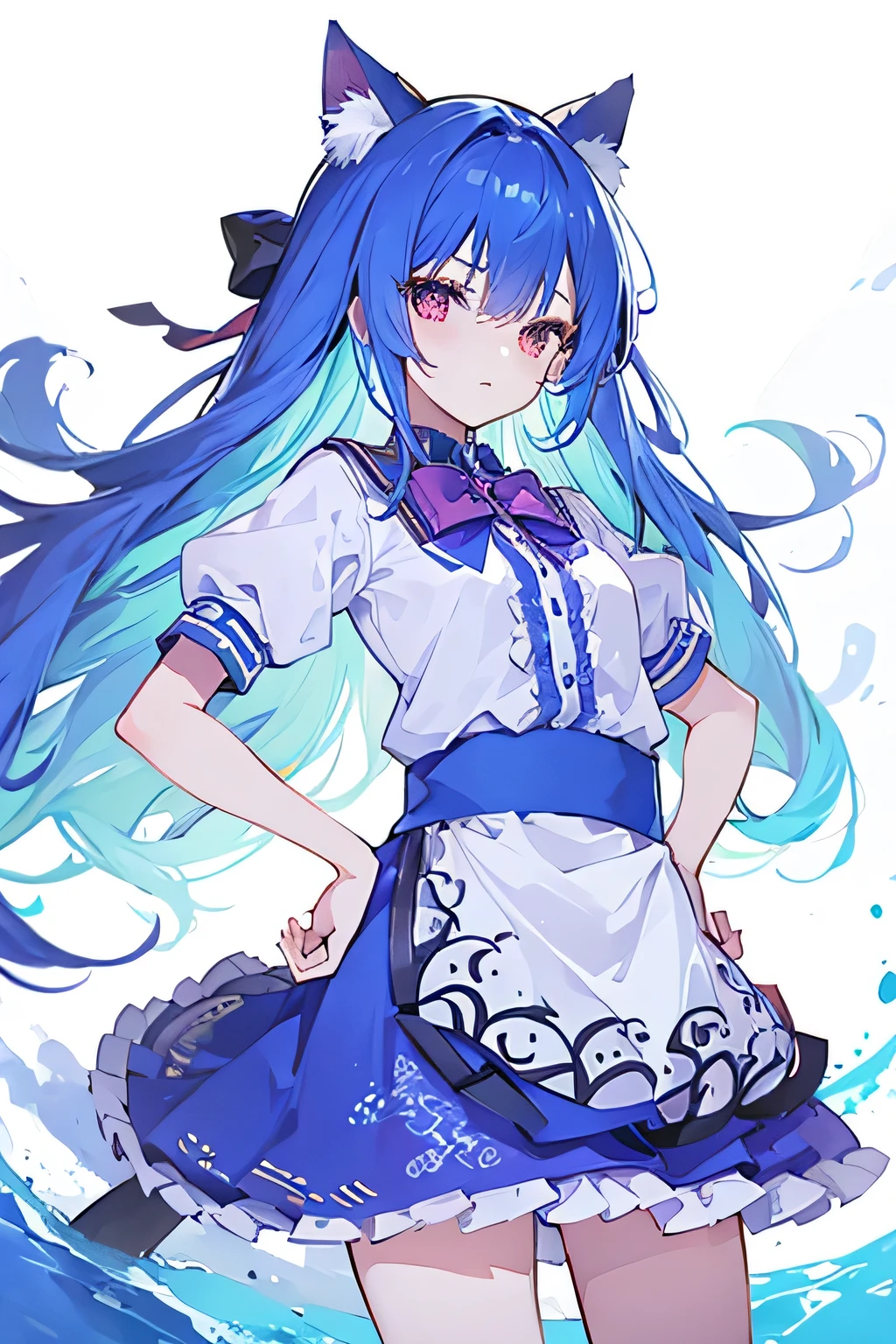 (masterpiece),best quality, expressive eyes, perfect face, 1girl,
 Put your hands on your waist,fair, Gorgeous,Japanese cartoons,girl,lola,Hina Angel, blue hair, blue haired, floating clothes,Grab your waist, Grab your waist, hands on hips , hands on hips,sit, sit on ground, Legs on the ground, flat chest,cat ears,