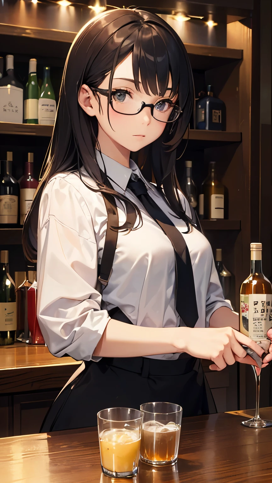 <lora:add_brightness:0.5><lora:add_detail:0.5>
1 woman, large breast,smile, forehead, black hair, glasses,bartender, suit, bowtie,
<lora:bar:0.4>bar,caustics, moody lighting,1 cocktail glass,1 cocktail,
SFW