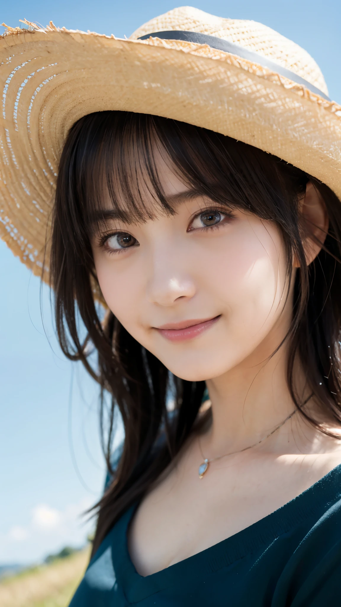 (highest quality,masterpiece:1.3,ultra high resolution),(Super detailed,caustics,8k),(photorealistic:1.4,RAW shooting),18-year-old,cute,Japanese,straw hat,(straw hatの上に手を置く),Black Hair Middle Hair,(strong wind),(hair blowing in the wind),(one piece),(smile),blue sky,sun,Natural light,(top of the hill),(green grassland),(front shot),(shot from the waist up),(low position),(Low - Angle)