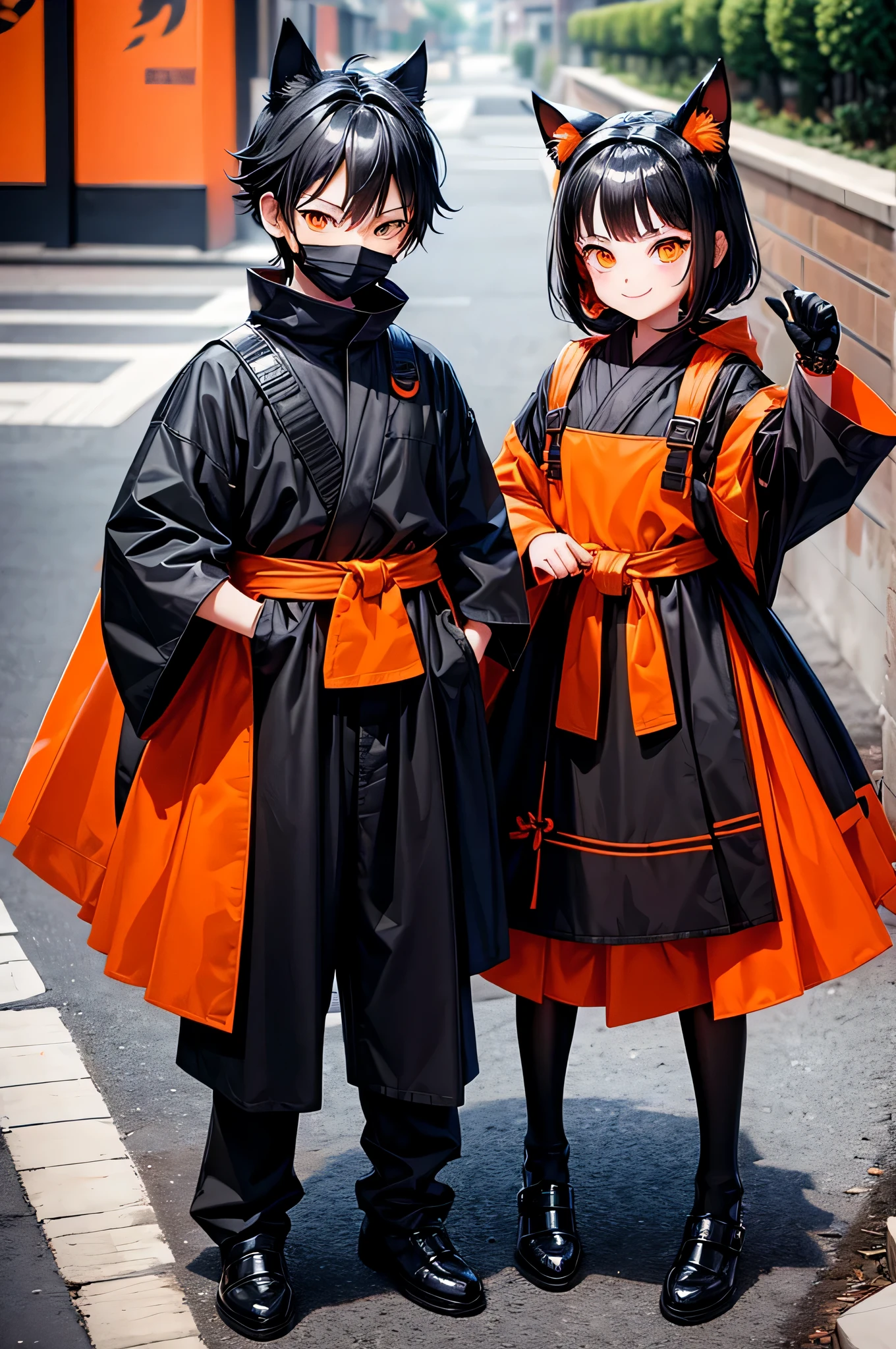 Cute twins black and orange cat boy and girl, young masked, tradicional ninja clothes and mask, big eyes, black hair, pretty, friendly face, (detailed perfect eyes), full body frame, orange eyes, ninja mask, hired face, both youngs, girl and boy smiling