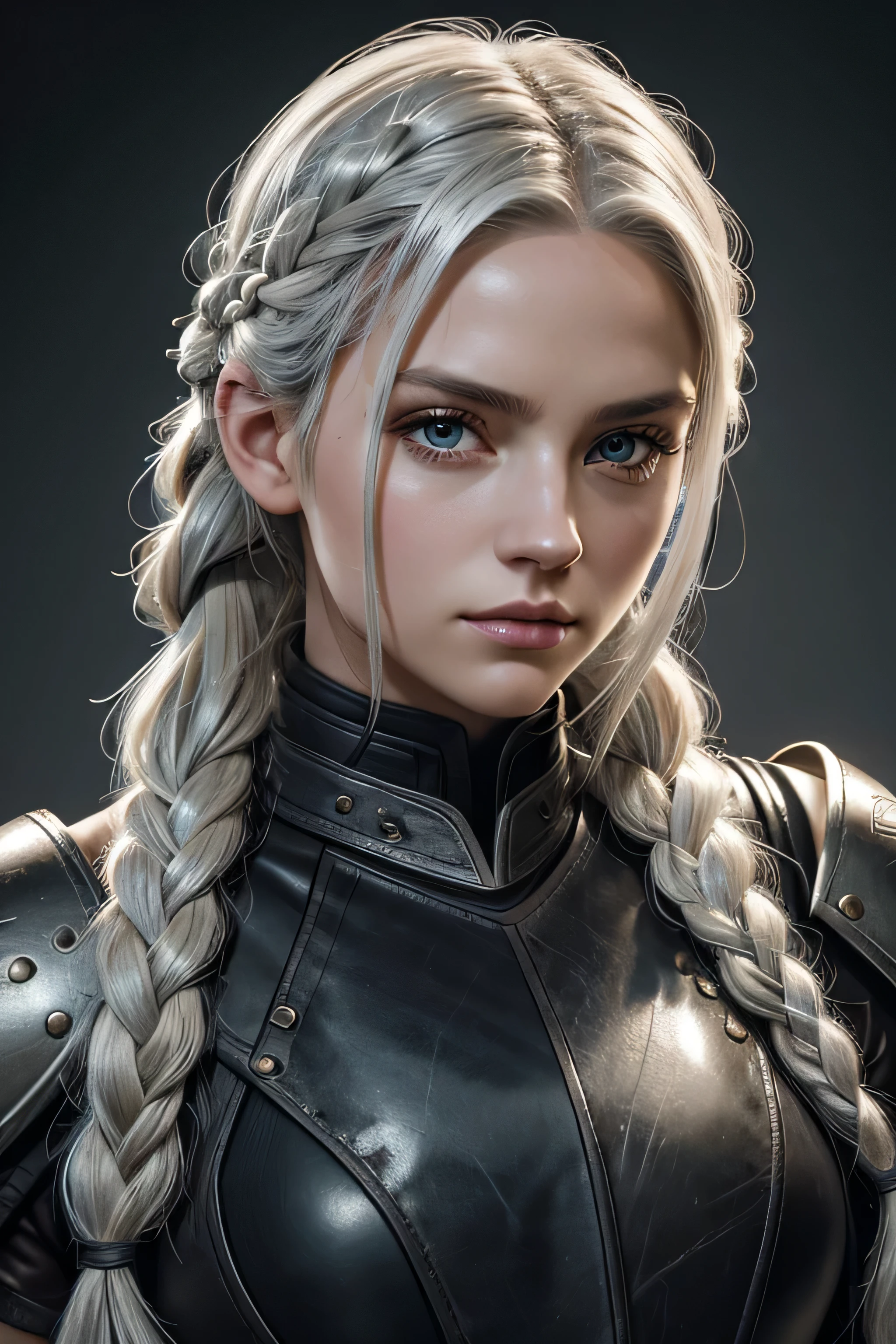 1 female ranger, long white hair, braided hair, grey eyes, beautiful face, wearing leather armor, absurdres, high res, ultrasharp, 8K, masterpieceThe image should be of absurd resolution and high detail. It should be ultra-sharp and available in 8K resolution, representing a masterpiece in image quality.
