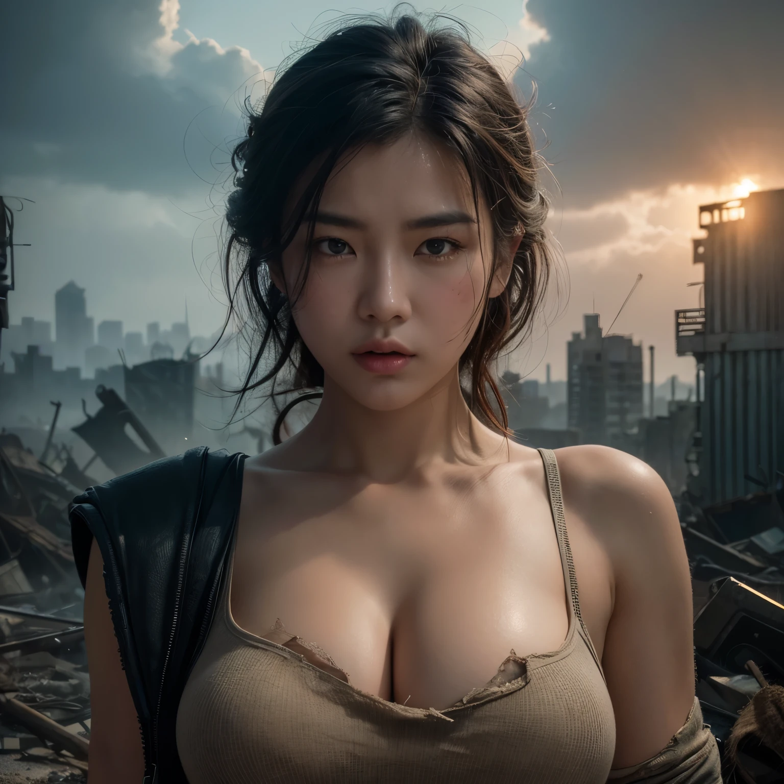 (highest quality、4K、High resolution、master piece: 1.2)、Super detailed、real: 1.37、Natural light、Portrait、surreal colors、futuristic style、Crumbling cityscape、Overgrown vegetation、Foggy atmosphere、Contrasting shadows、tattered clothes、A strong and confident gaze、Abandoned Objects、desolation、Destroyed building silhouette、vivid graffiti、Empowering pose、hair fluttering in the wind、Expressive facial features、unforgettable beauty、Dramatic sky、eerie clouds、intricate details、urban decline、post-apocalyptic setting、Ruins in nature 、Majestic Skyline、Desperate struggle、Creepy Presence、Thought of power、強化されたThought of power、intensity of emotions、Tense atmosphere、heroic attitude、intense action、Fearless Determination、Survival from all odds、Dangerous landscapes、Iconic battle、cinematic composition、epic showdown、A moment frozen in time、mysterious aura、fortitude、Women&#39;s Support、strong female protagonist、Fascinating story、Women's power、Fierce determination、Empowering Stories、Behind her is a huge(Invader Mech)is on fire and on the verge of collapse