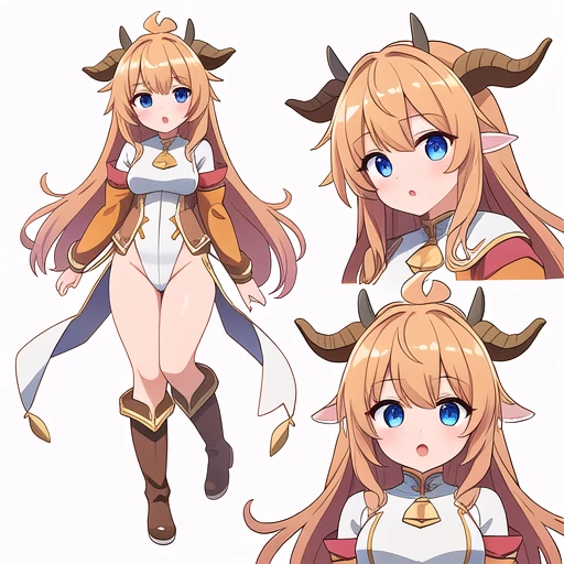 masterpiece, best quality, cute eyes, 1girl, solo, high fantasy costume, ((white background)), full body, multiple views, boots, leotard, cow horns, curled horns, dragon horns, tree horns, goat horns, giraffe horns, fiery horns,