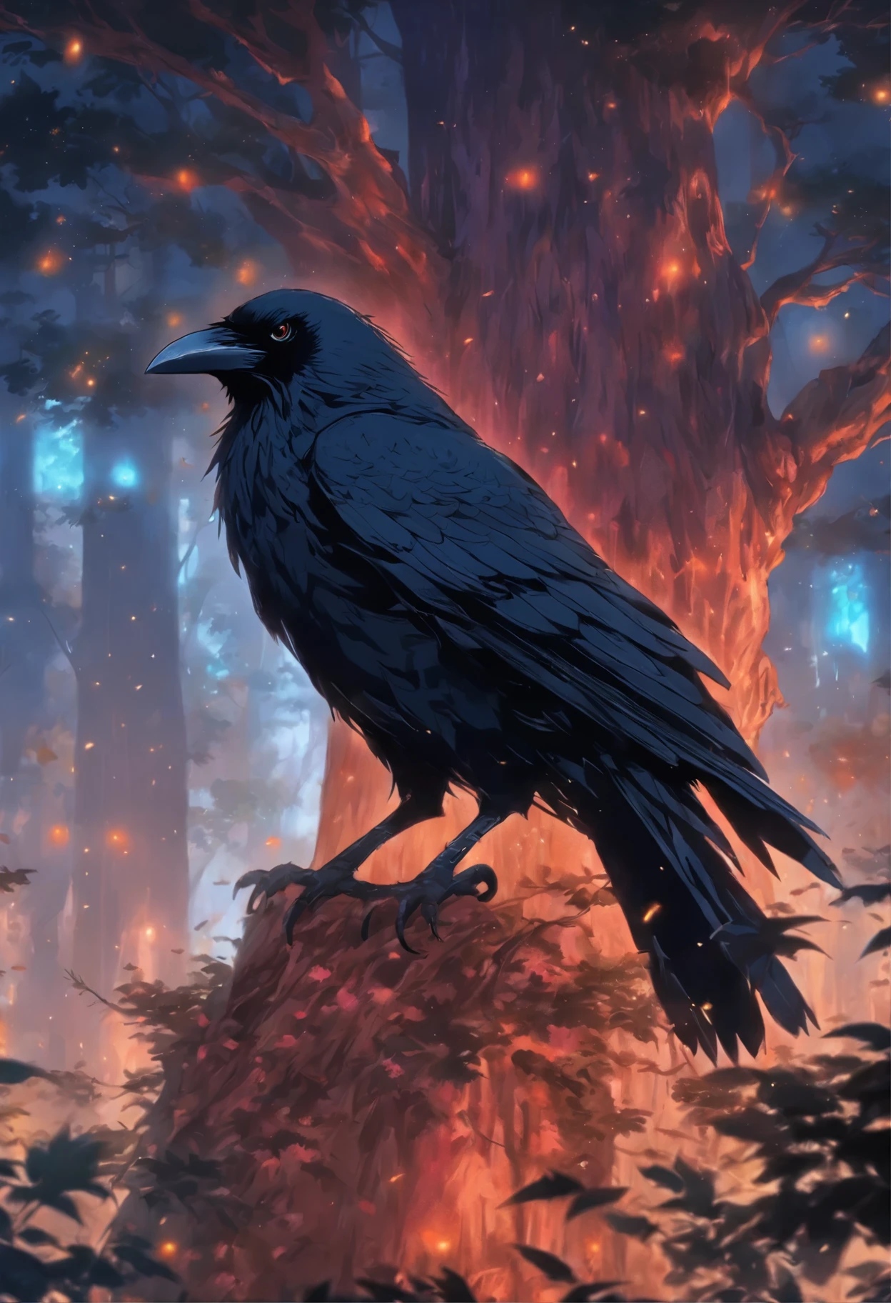 a black bird sitting on top of a tree branch next to a forest, a detailed painting by Gonzalo Endara Crow, reddit contest winner, gothic art, crows beautiful, raven bird, detailed crow illustration, crows as a symbol of death, artistic drawing of a crow, highly detailed dark art, detailed 3d gothic oil painting, raven monster