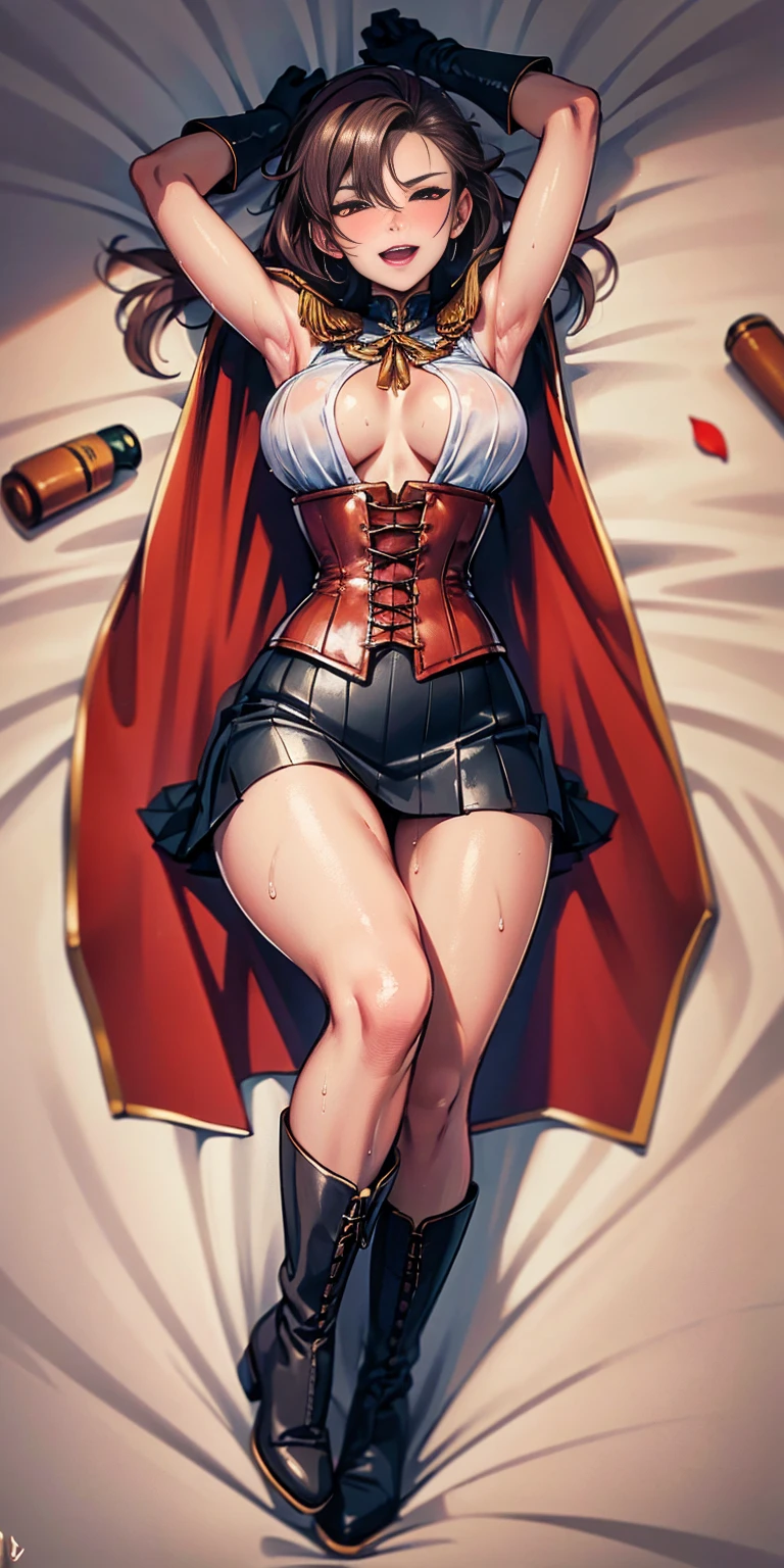 (((masterpiece,high resolution,best quality))), 1girl, solo,wine bottle,bare legs, large breasts, lying, on back, petals, looking at viewer, armpits, open mouth, solo, blush, wet clothes, heart, arms up, wet, bed sheet, origin, 1girl, red cape, boots, gloves, epaulettes, black corset, corset, black gloves, :d, black skirt