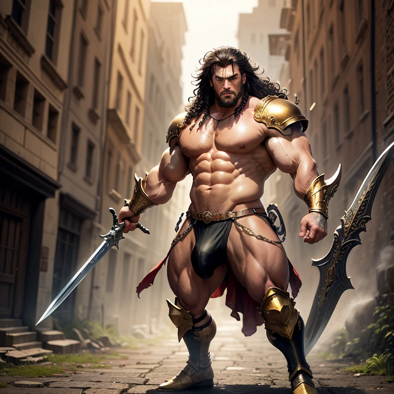 warrior man with big sword, muscular man of micro loincloth with bulge, sword in hand, bulge in micro loincloth, city background, bright and gleaming sword, quality image, best quality, in attack position, realistic details, magic particles, whole body image, clothes with golden details, long hair tied, scar on face, image catching all body, boots with golden details, blood particles, golden armor, uncovered abdomen, micro leather thong, scar on chest, part of leather armor, manly man, man with big hair, big bulky muscles, whole body, medieval scenery, photo particles, rays of sunlight in the background, full body image, whole glass appearing in photo, medieval city background, Medieval setting, hair flying in the wind