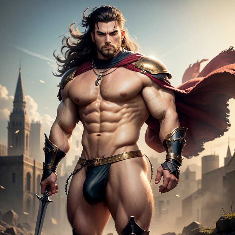 warrior man with big sword, muscular man of micro loincloth with bulge, sword in hand, bulge in micro loincloth, city background, bright and gleaming sword, quality image, best quality, in attack position, realistic details, magic particles, whole body image, clothes with golden details, long hair tied, scar on face, image catching all body,  boots with golden details, blood particles, golden armor, uncovered abdomen, micro leather thong, scar on chest, part of leather armor, manly man, man with big hair, big bulky muscles, whole body, medieval scenery, photo particles, rays of sunlight in the background, full body image, whole glass appearing in photo, medieval city background,  Medieval setting, hair flying in the wind