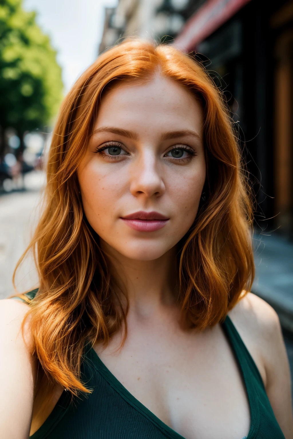 (selfie, plan: 1.4) Photo brute, portrait photo, A close-up portrait of a stunning ginger woman on a street, yeux verts, joli, Facing the camera, 8k euh, DSLR, soft lighting, high quality, grain de film, Fujifilm XT3