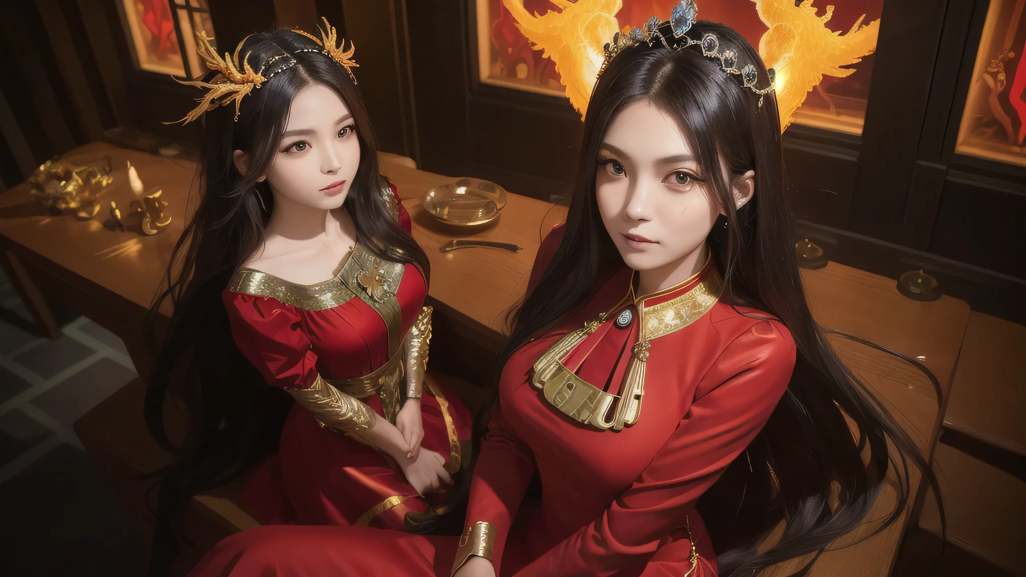 in the dark: 1.6), Surreal female portraits by David Hockney and Alphonse Mucha, fantasy art, korean doll, photorealism, dynamic lighting, art station, poster, volume lighting, highly detailed face, 4k, Award,, 1 girl, in the dark, deep shadow, discreet key, cowboy lens, (red phoenix dress: 1.4), long hair, black hair, bust, luxurious palace, royal style, princess crown, big round black eyes, style royal, beautiful face, large and normal breasts,,perfect body,(Lie:1.3)