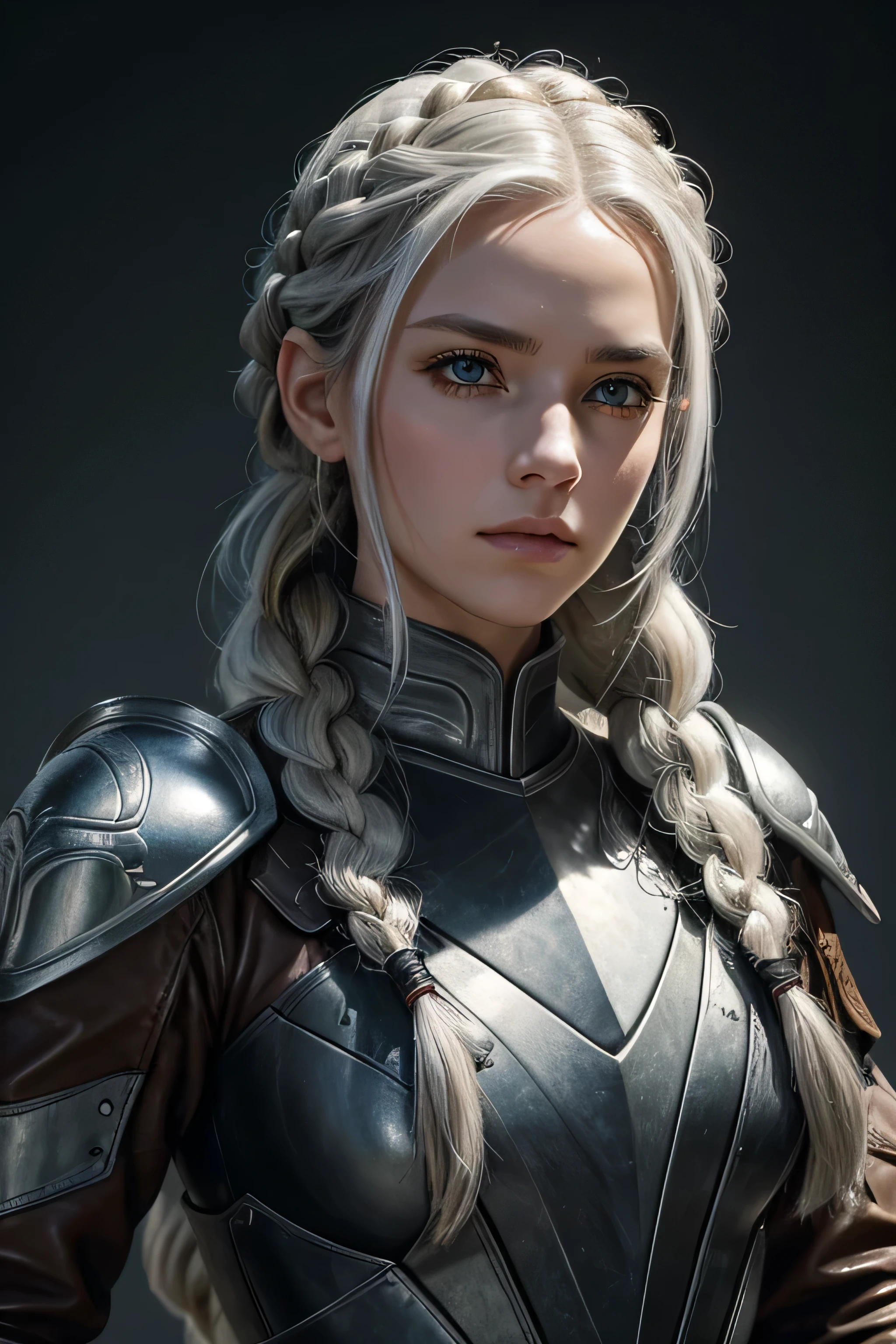 1 female ranger, long white hair, braided hair, grey eyes, beautiful face, wearing leather armor, absurdres, high res, ultrasharp, 8K, masterpieceThe image should be of absurd resolution and high detail. It should be ultra-sharp and available in 8K resolution, representing a masterpiece in image quality.