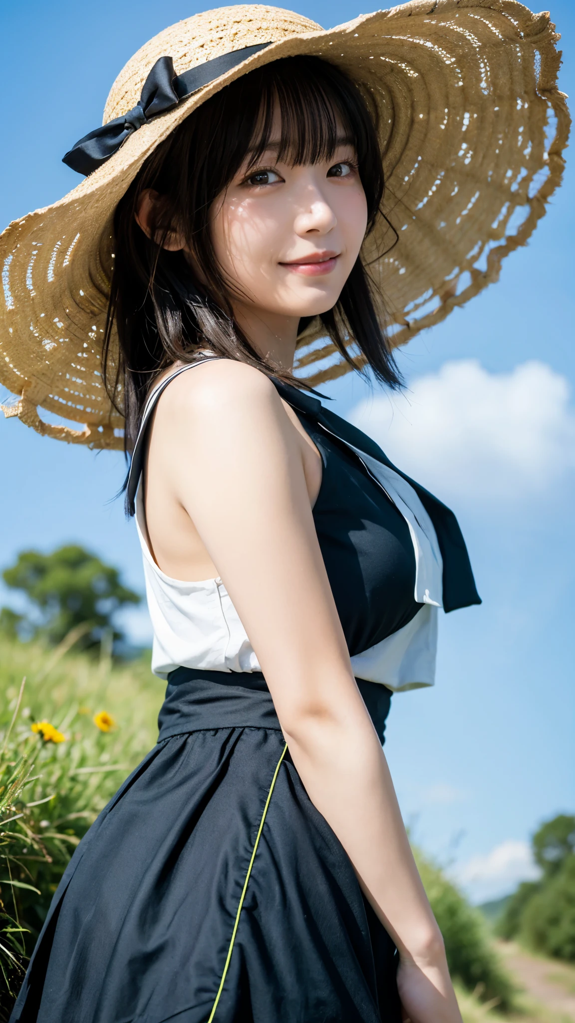 (highest quality,masterpiece:1.3,ultra high resolution),(Super detailed,caustics,8k),(photorealistic:1.4,RAW shooting),18-year-old,cute,Japanese,straw hat,Black Hair Middle Hair,(strong wind),(hair blowing in the wind),(one piece),(smile),blue sky,sun,Natural light,(top of the hill),(green grassland),(front shot),(shot from the waist up),(low position:1.1),(Low - Angle:1.1)