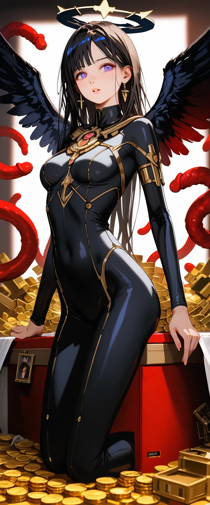 (best quality,4k,8k,highres,masterpiece:1.2),ultra-detailed,(realistic,photorealistic,photo-realistic:1.37),beautiful detailed eyes,beautiful detailed lips,extremely detailed eyes and face, long eyelashesDark Angel Olivia, Black purple halo, red wings, (see though Black bodysuit:1.5), Beautifully carved large box, The box is filled with shining gold coins, Box bullets shoot out tentacles, Violent struggling movements, Combat Action, dynamic poses, Thrilling moments, , From side