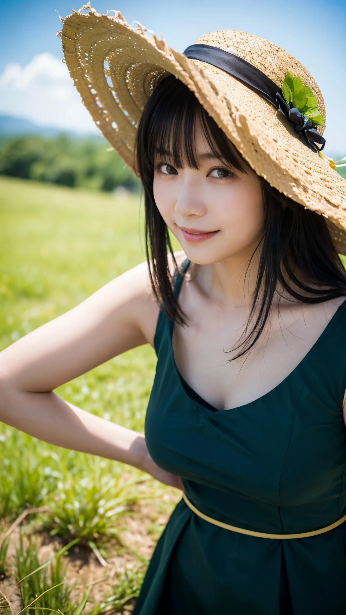 (highest quality,masterpiece:1.3,ultra high resolution),(Super detailed,caustics,8k),(photorealistic:1.4,RAW shooting),18-year-old,cute,Japanese,straw hat,Black Hair Middle Hair,(strong wind:1.1),(hair blowing in the wind:1.1),(one piece),(smile),blue sky,sun,Natural light,(top of the hill),(green grassland:1.1),(ground level shot),(shot from the waist up),(low position:1.1),(Low - Angle:1.1)