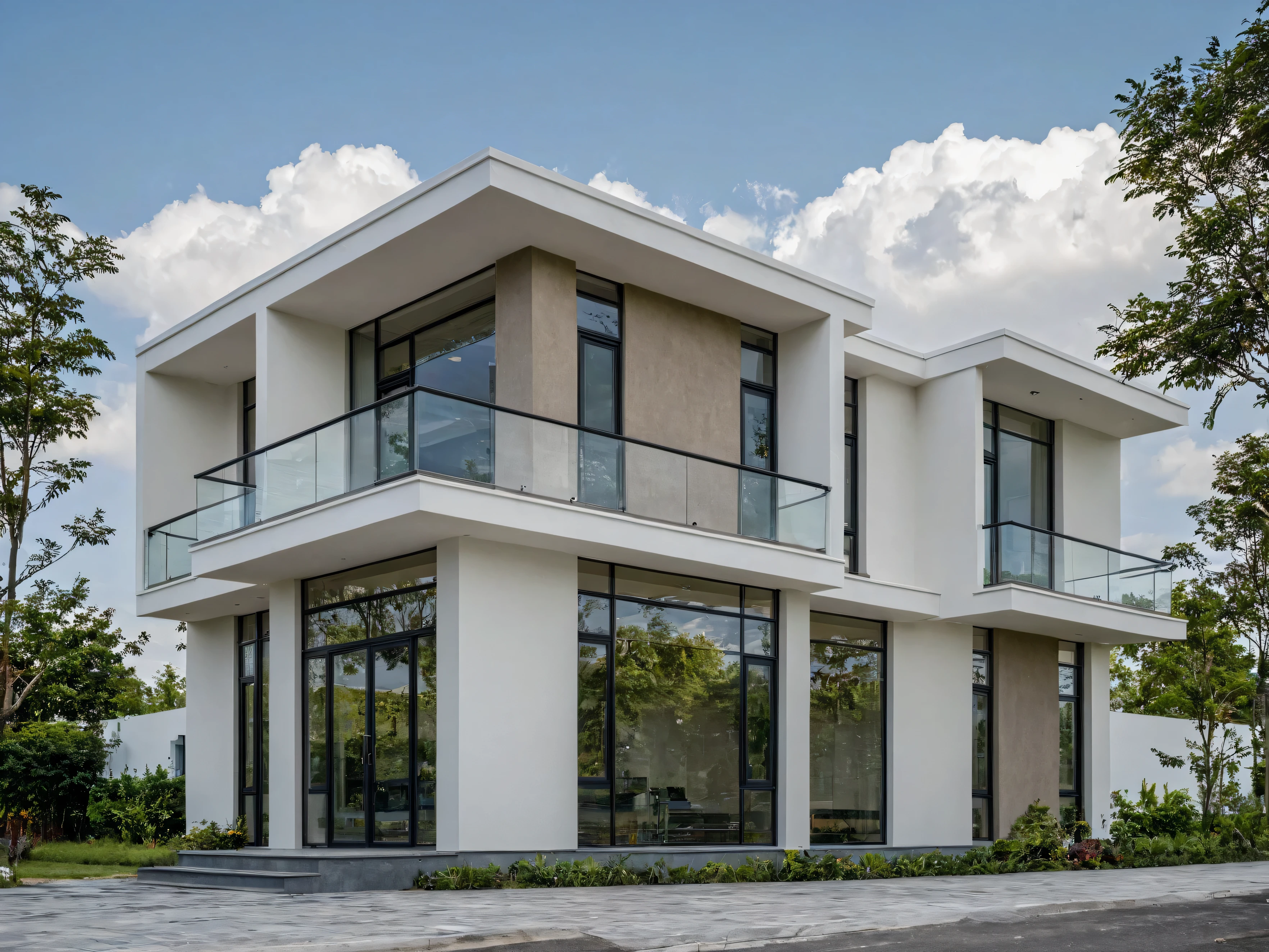 Masterpiece, high quality, best quality, authentic, super detail, outdoors, onestoreyvillaXL, aiaigroup, house style modern on the street ,stairs, white wall ,road,pavement, grass, trees, sky, cloud, (daylight:1.1)
