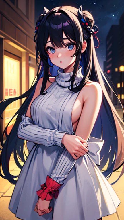 (best quality, highres, masterpiece:1.2), aasato, long hair, half updo, braid, hair between eyes, detailed lips, beautiful detailed eyes, animal ears, ear ornament, cozy sweater dress, turtleneck, sleeveless, night, street, cowboy shot, atmospheric lighting, vibrant colors