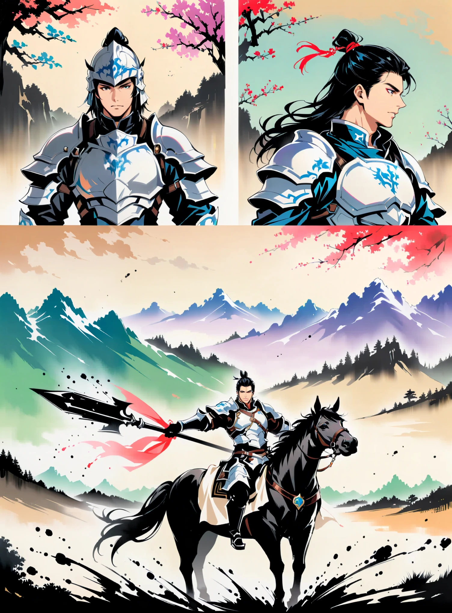masterpiece，Collage，Tree，mountains，ink painting，一幅手持剑骑在horse上的男子与背景中一群骑horse的人的画，1 boy，male focus，holding a weapon，armor，helmet，holding a spear，horse，骑horse，Letterbox format，color，Partial coloring