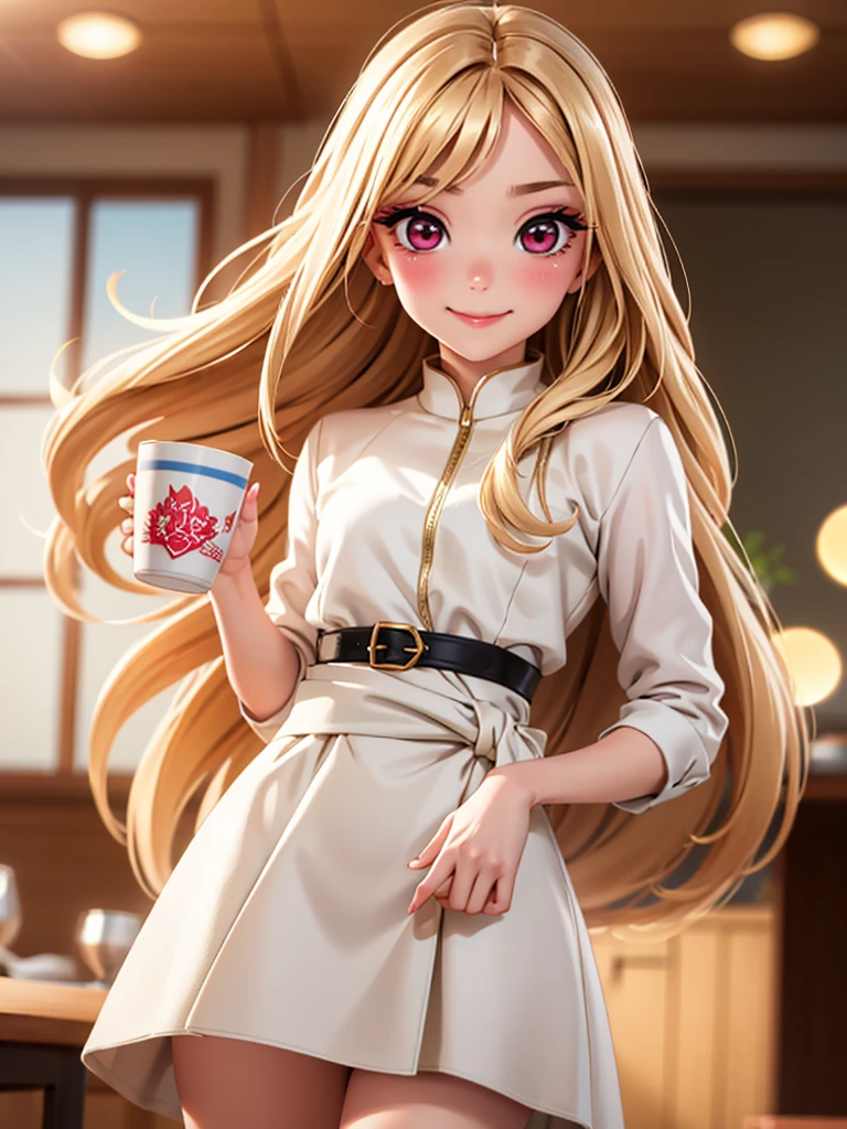 superb, amazing, Super high image quality, actual, girl, (beautiful face 1.4), (big deal, Tighten the waist), long blond hair, Red eyes, indoors, Bokeh, beautiful light, shiny skin, small head, Smile, dinner , holding cup