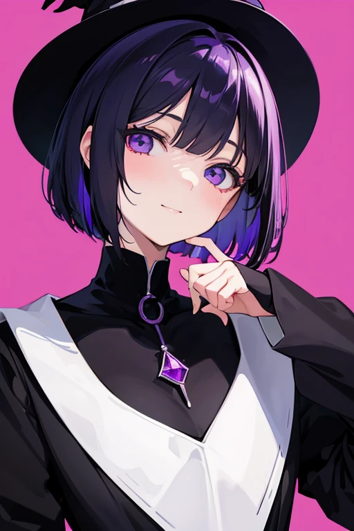 Witch's outfit, Anime-style portrait of a girl with a deep violet bob cut making eye contact with the camera, bright eyes, baby-faced, subtle smile, minimalistic background to emphasize character, high contrast, clean lines, digital painting, vivid colors