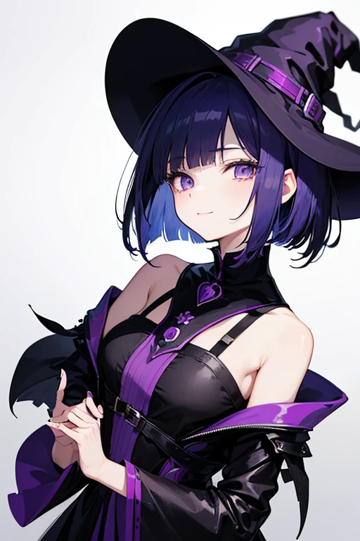 Witch's outfit, Anime-style portrait of a girl with a deep violet bob cut making eye contact with the camera, bright eyes, baby-faced, subtle smile, minimalistic background to emphasize character, high contrast, clean lines, digital painting, vivid colors