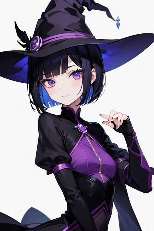 Witch's outfit, Anime-style portrait of a girl with a deep violet bob cut making eye contact with the camera, bright eyes, baby-faced, subtle smile, minimalistic background to emphasize character, high contrast, clean lines, digital painting, vivid colors