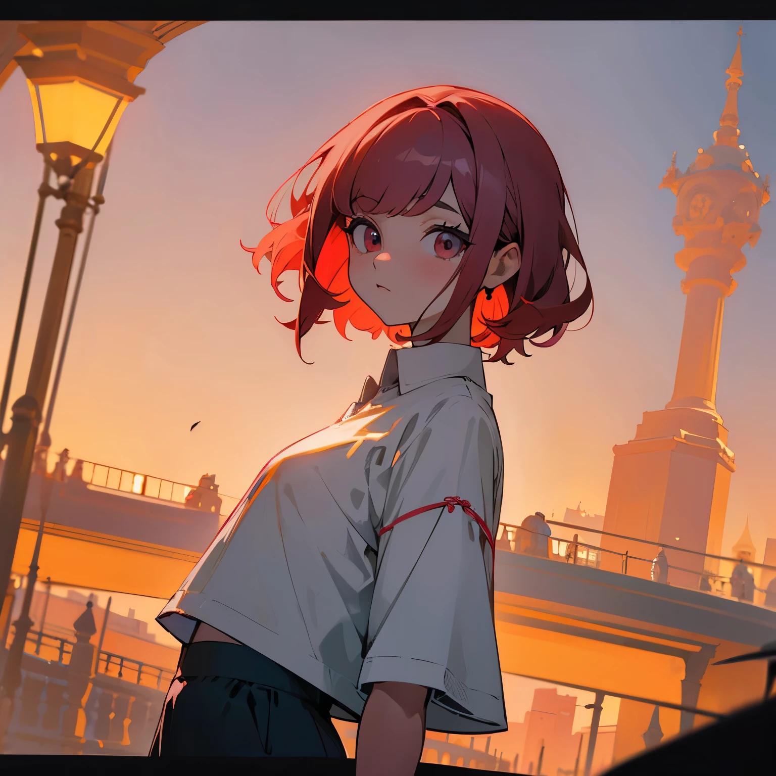 Chica adolescente delgada, pelo corto rizado color rojo, ojos color gris, blusa blanca, pantalon de mezclilla, entorno de ciudad, plaza de noche, vista desde la cabeza a los muslos