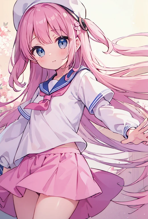 beautiful illustrations, highest quality, ( girl:1.4)、(pretty girl:1.5)、、flat chest、sailor collar、(White long tunic)、long sleeve sailor suit、Blue-line cuffs、(pink chino shorts:1.4)、(pink shorts with wide opening:1.2)、Gap between thigh and pants、slim thighs、white socks、 cinematic lighting, (pink long hair)、pink straight hair、redness of cheeks、(Braiding of the back of the head)