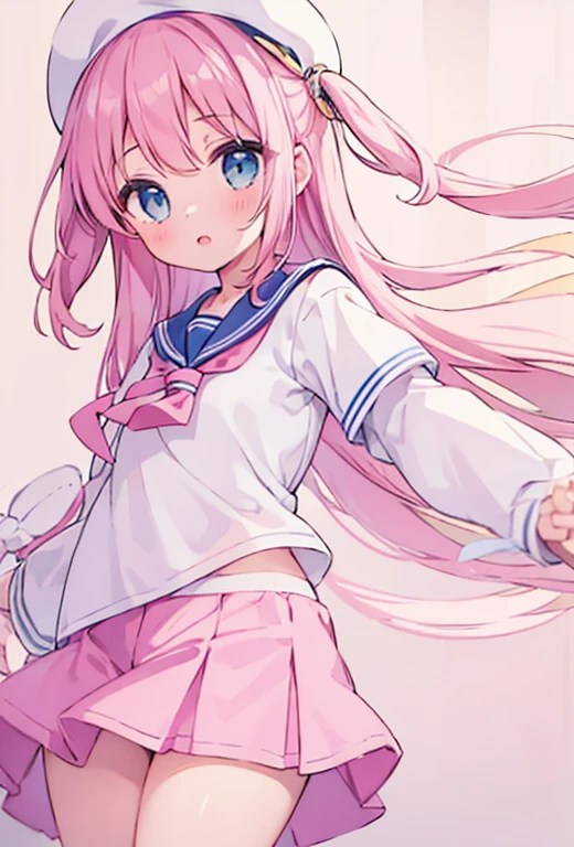 beautiful illustrations, highest quality, (12 year old girl:1.4)、(pretty girl：1.5)、、flat chest、sailor collar、(White long tunic)、long sleeve sailor suit、Blue-line cuffs、(pink chino shorts：1.4)、(pink shorts with wide opening：1.2)、Gap between thigh and pants、slim thighs、white socks、 cinematic lighting, (pink long hair)、pink straight hair、redness of cheeks、(Braiding of the back of the head)