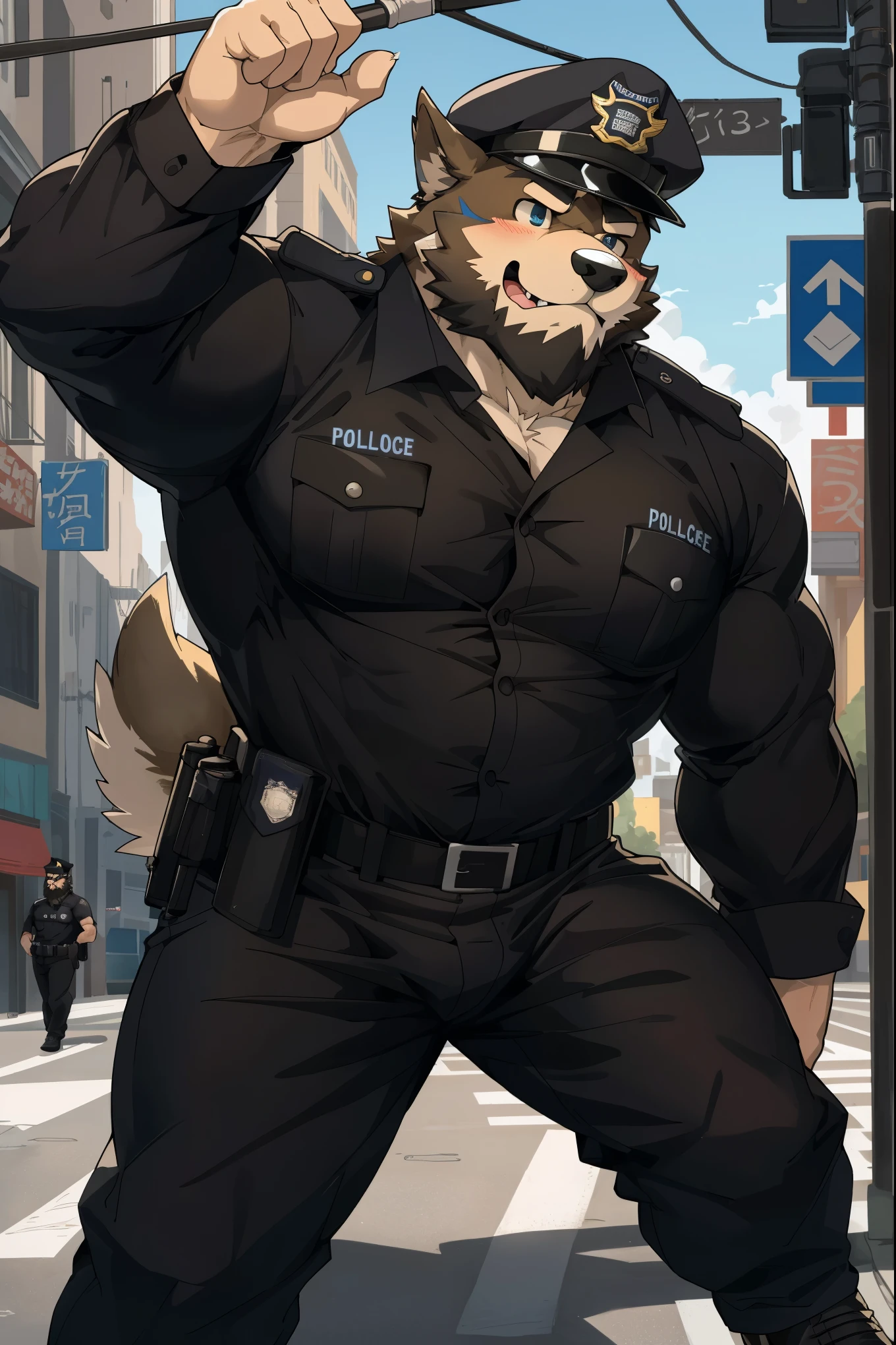 nsfw, sexy poster, top quality, best quality, super high resolution, detailed background, magazine cover, absurdres, perfect anatomy(gay, angelic nice 1boy, kemono, solo focus, muscle man, beard, puffy nipples, undress)(furry anthro, Furry body, dog facial features, dog body features, very detailed body fur)full body(dignified)police officer, SWAT, street, muscle, facial hair, volumetric lighting, depth of field, gasping for air(raised crotch, black clothes, black police uniform)) shirt,