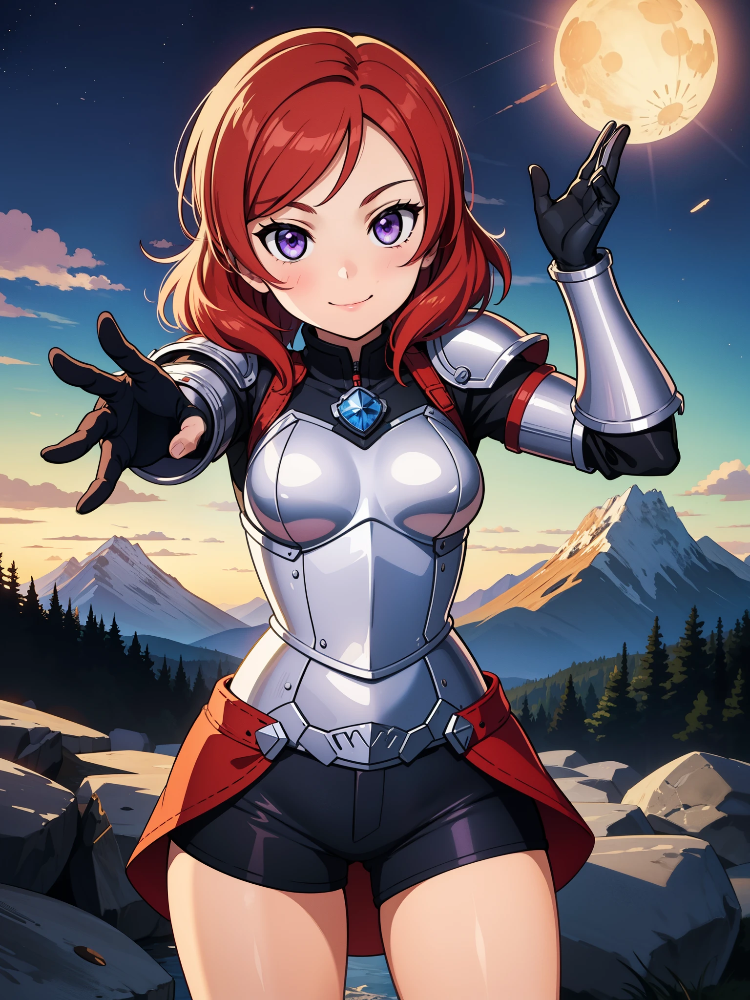 (Masterpiece, Best Quality, High Quality), facing viewer,volumetric lighting, illustration, beautiful, perfect lighting, perfect shadows,Nishikino maki , cowboy shot, (silver armor:1.2), short shorts, thighs, solo, purple eyes ,red hair ,in mountains,under moonlight, dynamic pose, smile 