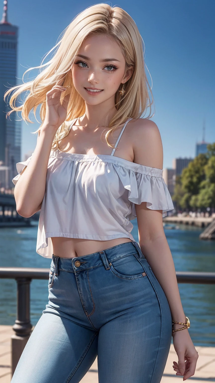 ((最high quality, 8K, masterpiece: 1.3, Ultra HD, high quality, 最high quality, High resolution, realism)) 、(high color saturation:1.0), (highly detailed skin), (最high quality:1.0), (超High resolution:1.0) ,(realistic:1.0), (Super detailed:1.0), (8K, Raw photo:1.1), slender、Slender, muscular body that's toned like an athlete's、I don't want my head to disappear from the screen.、Wear accessories on your wrist、Wearing red nail polish、I have a peticure、cinematic lighting, sparkle 、25 year old white woman、platinum blonde、long hair、blue eyes、hair above one eye、smile、I'm on Liberty Island、Liberty goddess background、smile showing teeth((grin ))、Wear off-the-shoulder tops、Lower milk visible、Wear low-rise skinny jeans