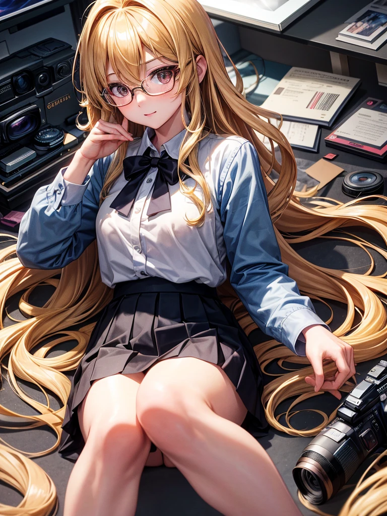 20 year old female、shiny hair quality、beautiful blonde、straight hair、super long hair、Shaggy Hair、Glasses、Glasses美人、Digital single-lens camera、Olympus Camera、Micro Four Thirds、cameraman、プロcameraman、shirt、skirt、cute、perfect skeleton