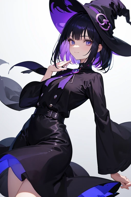 Witch's outfit, Anime-style portrait of a girl with a deep violet bob cut making eye contact with the camera, bright eyes, baby-faced, subtle smile, minimalistic background to emphasize character, high contrast, clean lines, digital painting, vivid colors