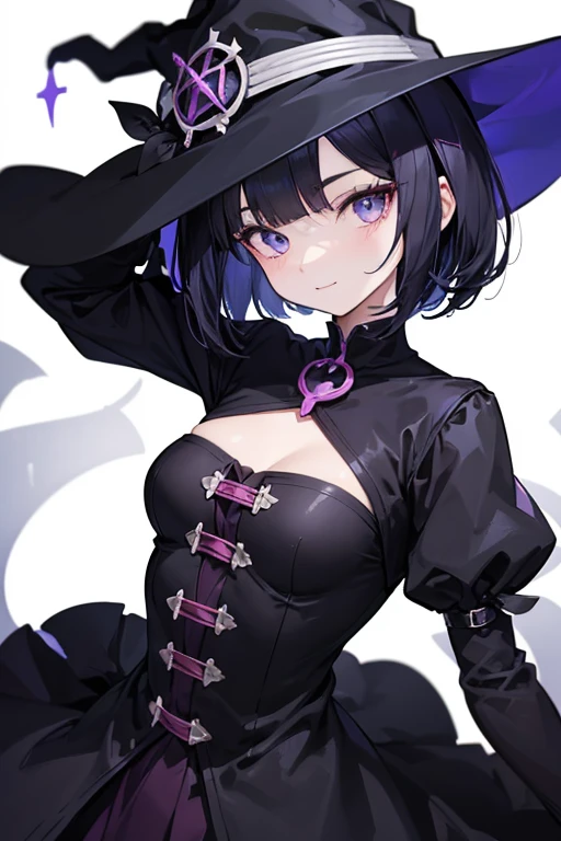 Witch's outfit, Anime-style portrait of a girl with a deep violet bob cut making eye contact with the camera, bright eyes,y-facubtle smile, minimalistic background to emphasize character, high contrast, clean lines, digital painting, vivid colors