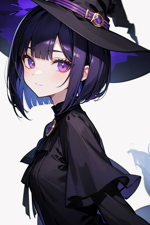 Witch's outfit, Anime-style portrait of a girl with a deep violet bob cut making eye contact with the camera, bright eyes, baby-faced, subtle smile, minimalistic background to emphasize character, high contrast, clean lines, digital painting, vivid colors