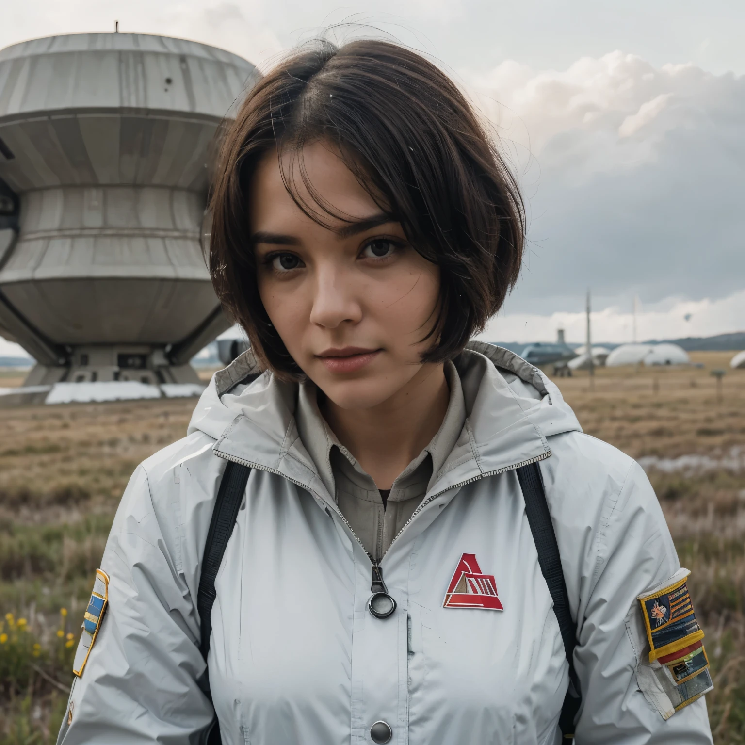 Ring World,Science Fiction,Sci-Fi Movies,Artillery,Long-Range Missiles,Based on the movie Foundation ,Woman,Adult,Protagonist,28 years old,hopeful face,brown eyes,short hairstyle,black hair with white gray,scientist uniform,white researcher coat,open meadow,rebel,chaotic,future world,world of socialism,snow,chaos