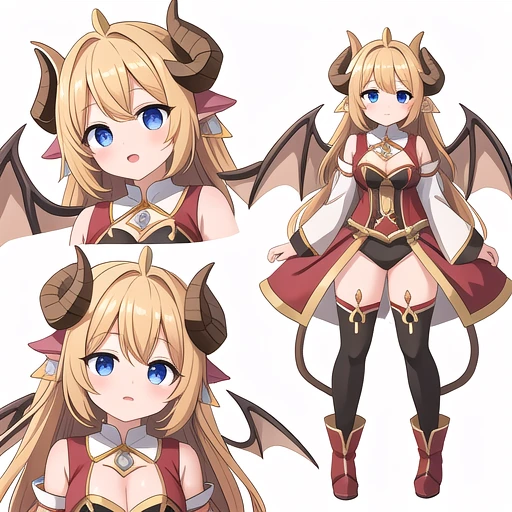 masterpiece, best quality, cute eyes, 1girl, solo, high fantasy costume, ((white background)), full body, multiple views, leotard, succubus, dragon horn, detached sleeves,
