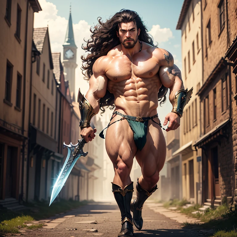 warrior man with big sword, muscular man of micro loincloth with bulge, sword in hand, bulge in micro loincloth, city background, bright and gleaming sword, quality image, best quality, in attack position, realistic details, magic particles, whole body image, clothes with golden details, long hair tied, scar on face, image catching all body,  boots with golden details, blood particles, golden armor, uncovered abdomen, micro leather thong, scar on chest, part of leather armor, manly man, man with big hair, big bulky muscles, whole body, medieval scenery, photo particles, rays of sunlight in the background, full body image, whole glass appearing in photo, medieval city background,  Medieval setting, hair flying in the wind, erection