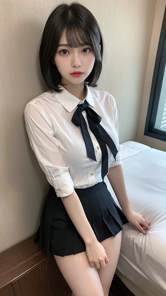 muste piece, best quality, illustration, Super detailed, fine details, High resolution, 8K,wall paper, perfect dynamic composition,(Details High quality, realistic depiction of eyes:1.3), (collared shirt:1.1), pleated skirt, big breasts, short bob hair、black hair color, Big Natural Color Lip, bold sexy pose, crying a little、cold gaze, Harajuku style、20 year old girl、cute type、lolita、beautiful legs, hotel room, gravure idol