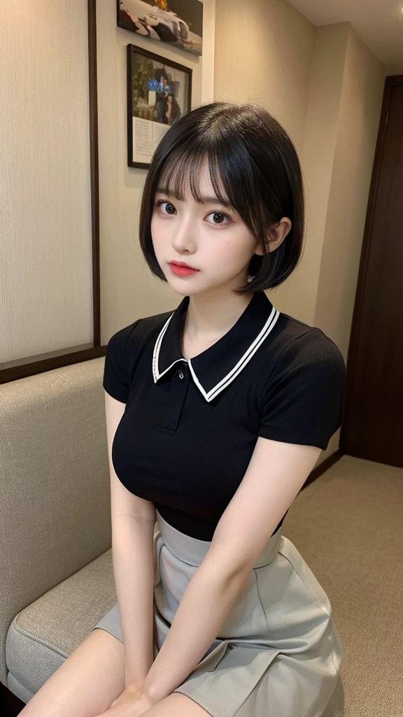 muste piece, best quality, illustration, Super detailed, fine details, High resolution, 8K,wall paper, perfect dynamic composition,(Details High quality, realistic depiction of eyes:1.3), (collared shirt:1.1), pleated skirt, big breasts, short bob hair、black hair color, Big Natural Color Lip, bold sexy pose, crying a little、cold gaze, Harajuku style、20 year old girl、cute type、ta、beautiful legs, hotel room, gravure idol
