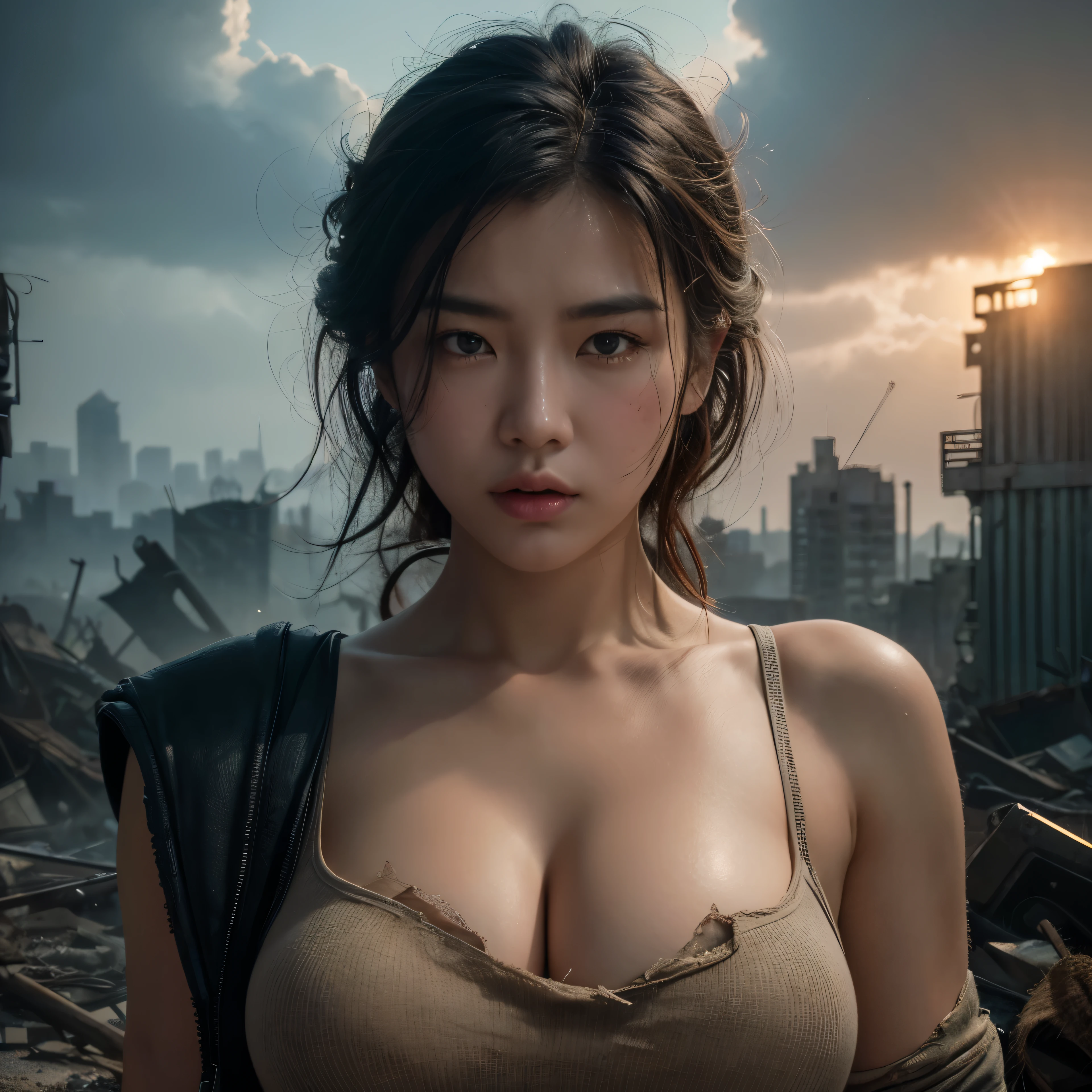 (highest quality、4K、High resolution、master piece: 1.2)、Super detailed、real: 1.37、Natural light、Portrait、surreal colors、futuristic style、Crumbling cityscape、Overgrown vegetation、Foggy atmosphere、Contrasting shadows、tattered clothes、A strong and confident gaze、Abandoned Objects、desolation、Destroyed building silhouette、vivid graffiti、Empowering pose、hair fluttering in the wind、Expressive facial features、unforgettable beauty、Dramatic sky、eerie clouds、intricate details、urban decline、post-apocalyptic setting、Ruins in nature 、Majestic Skyline、Desperate struggle、Creepy Presence、Thought of power、Enhanced Thought of power、intensity of emotions、Tense atmosphere、heroic attitude、intense action、Fearless Determination、Survival from all odds、Dangerous landscapes、Iconic battle、cinematic composition、epic showdown、A moment frozen in time、mysterious aura、fortitude、Women&#39;s Support、strong female protagonist、Fascinating story、Women's power、Fierce determination、Empowering Stories、Behind her is a huge(Invader Mech)is on fire and on the verge of collapse