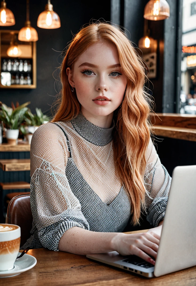 Hasselblad shot of an Instagram influencer, a beautiful and friendly young woman in a trendy cafe, she will be sitting at a table, working on her laptop, natural lighting to highlight her expressive eye, inspired by influencer, such as Ellie Bamber, high-quality resolution, 4K, sharp details, (fine detailed:1.3), (skinpores:0.6),(smooth detailed skin:0.9), normal aesthetic, grainy, lowres, RAW, real life